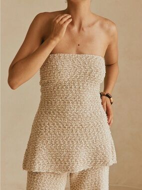 Strapless Textured Bouclé Tunic Top - Cream